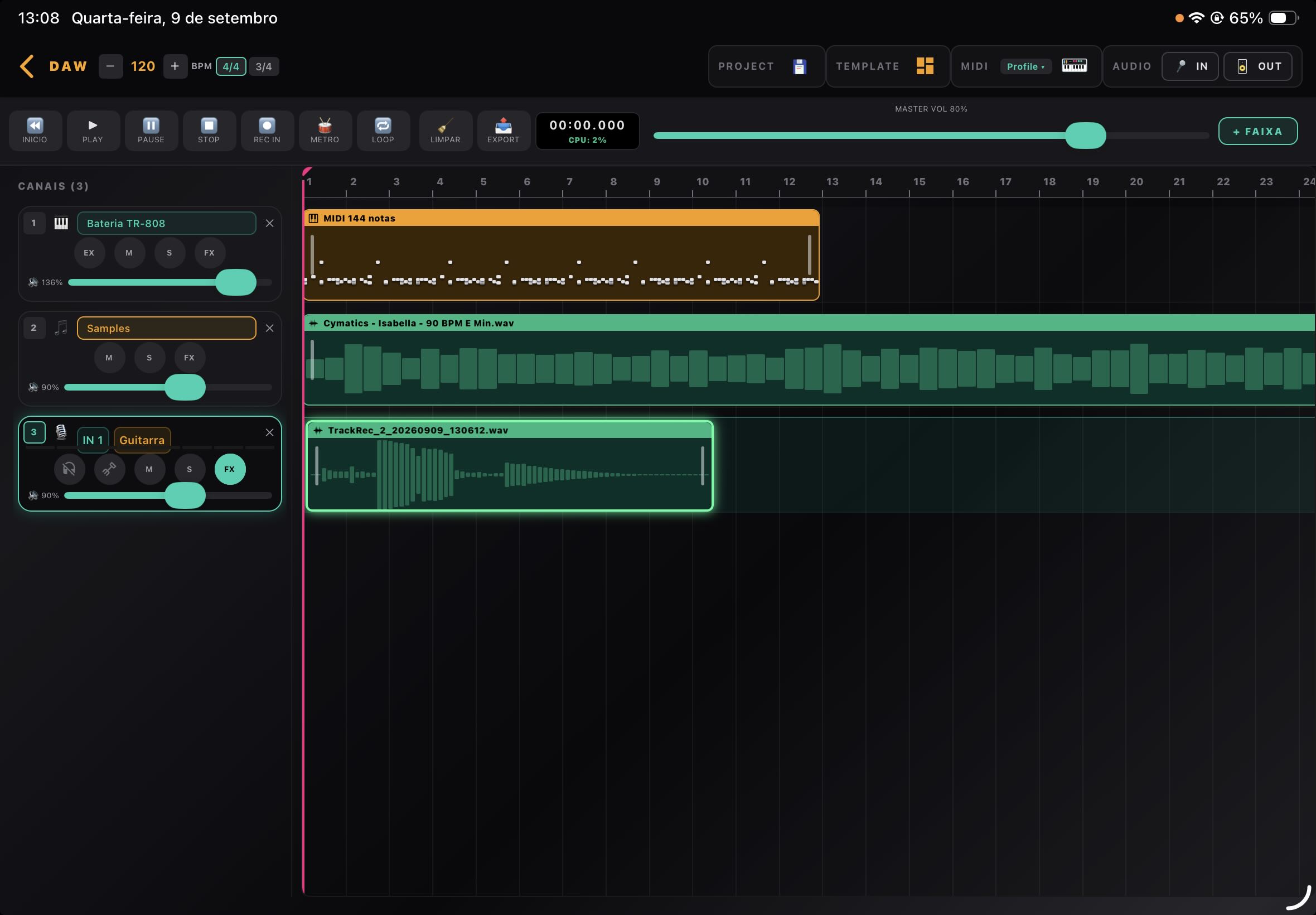 Visão geral da DAW do Simple Audio Studio