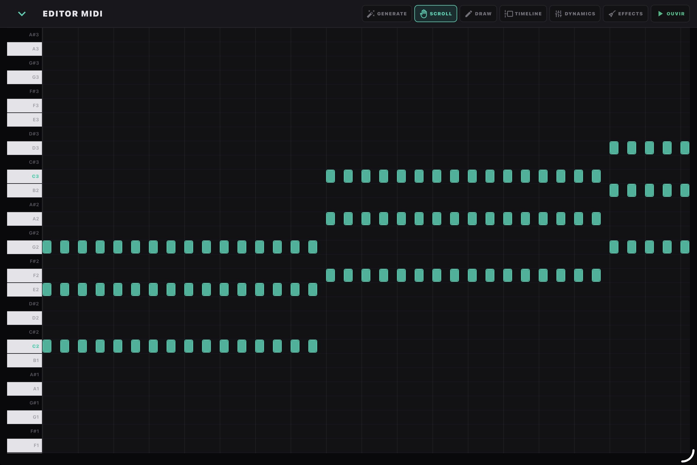 Piano Roll com edição MIDI e Gerador de Loops ativo
