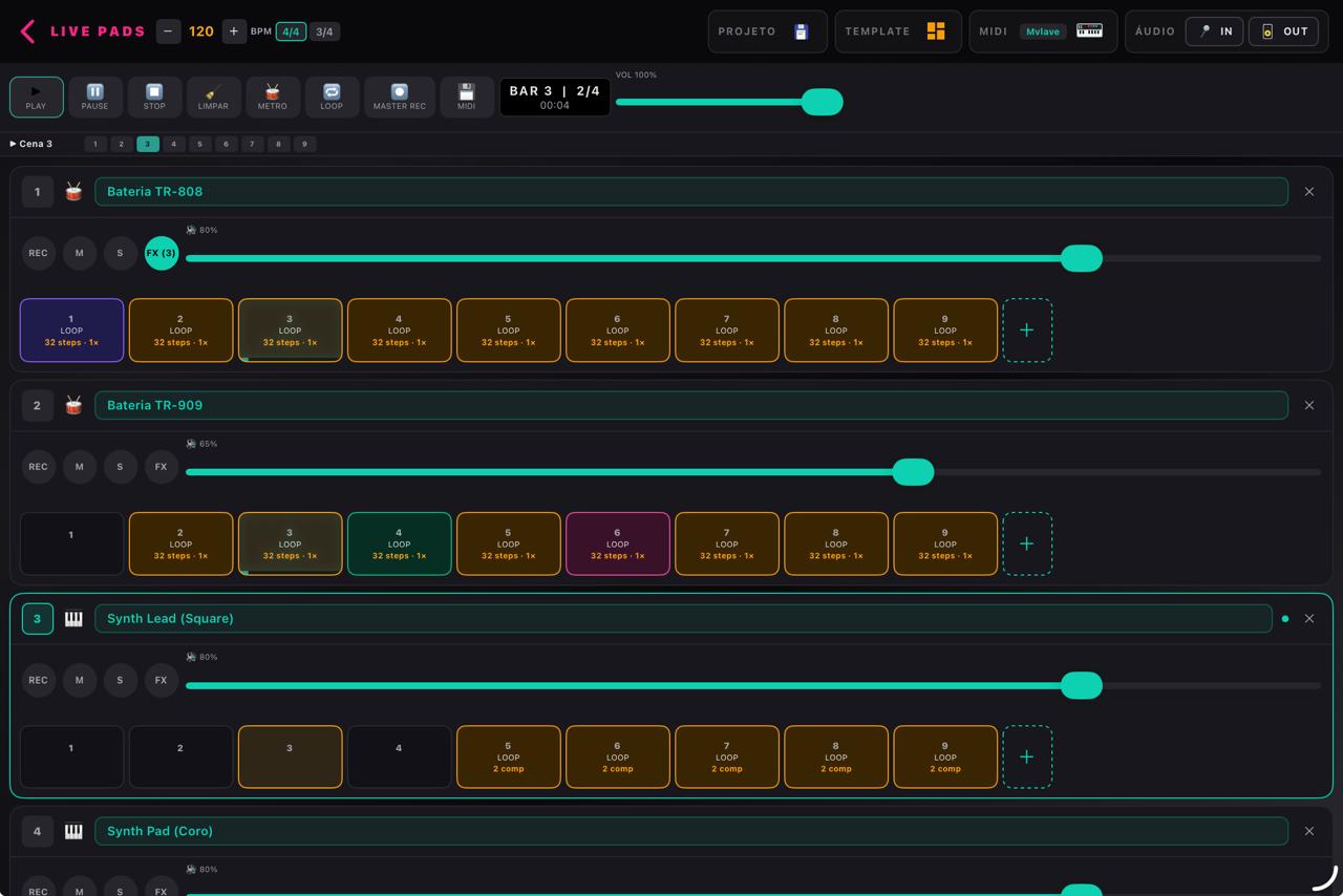 Tela de Live Pads do Simple Audio Studio com múltiplas cenas ativas